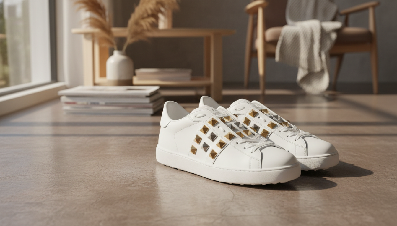 Valentino Garavani Rockstud Sneakers: White Leather Edge