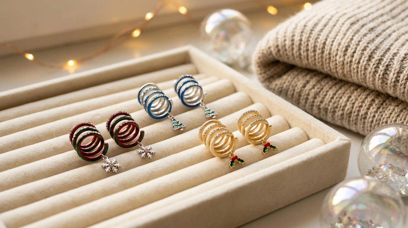 Holiday Spiral Earrings: 3 Pairs with Zircon Sparkle